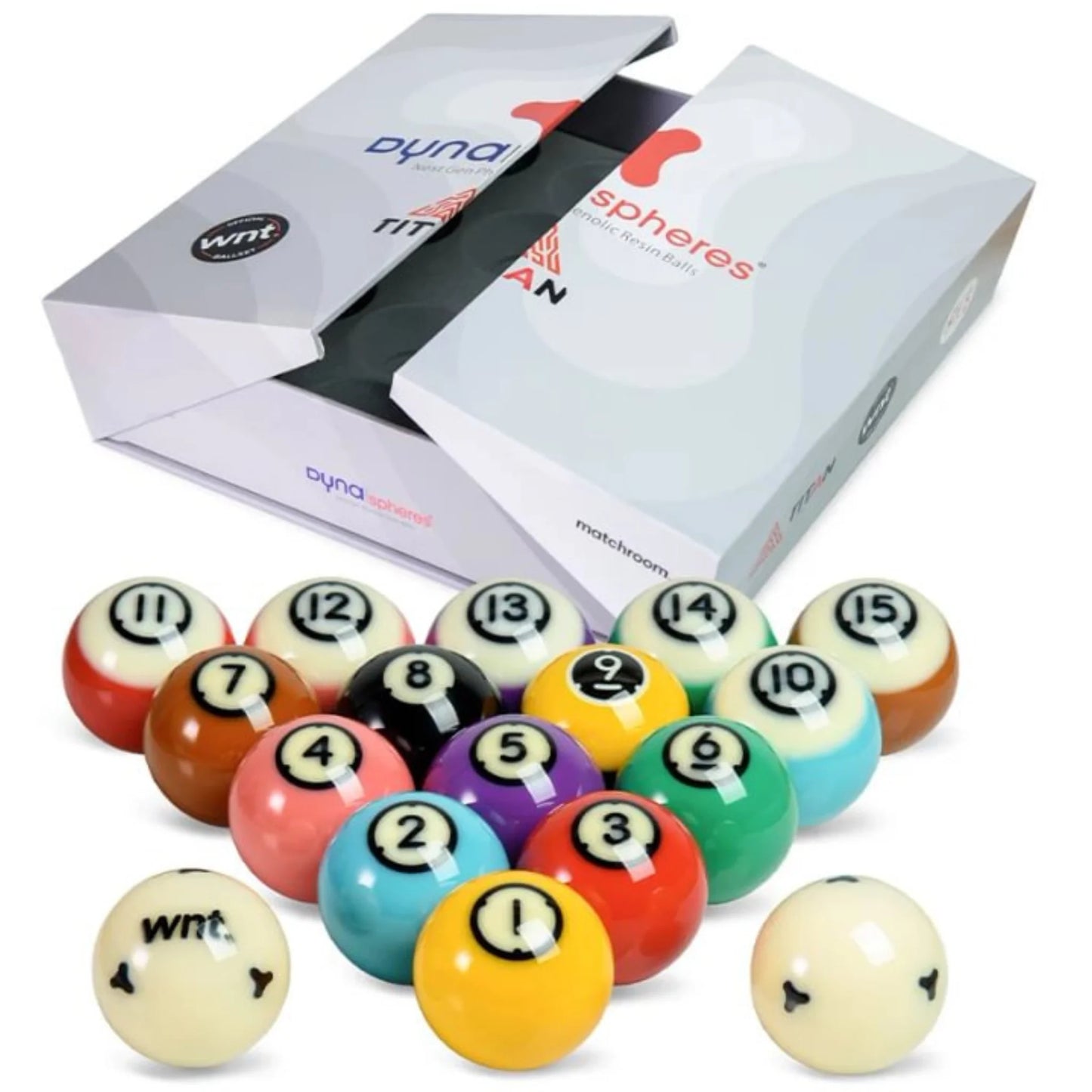 Jogo de bolas de bilhar para pool Dynaspheres Titan 572 WNT 57,2mm com cores de alto contraste