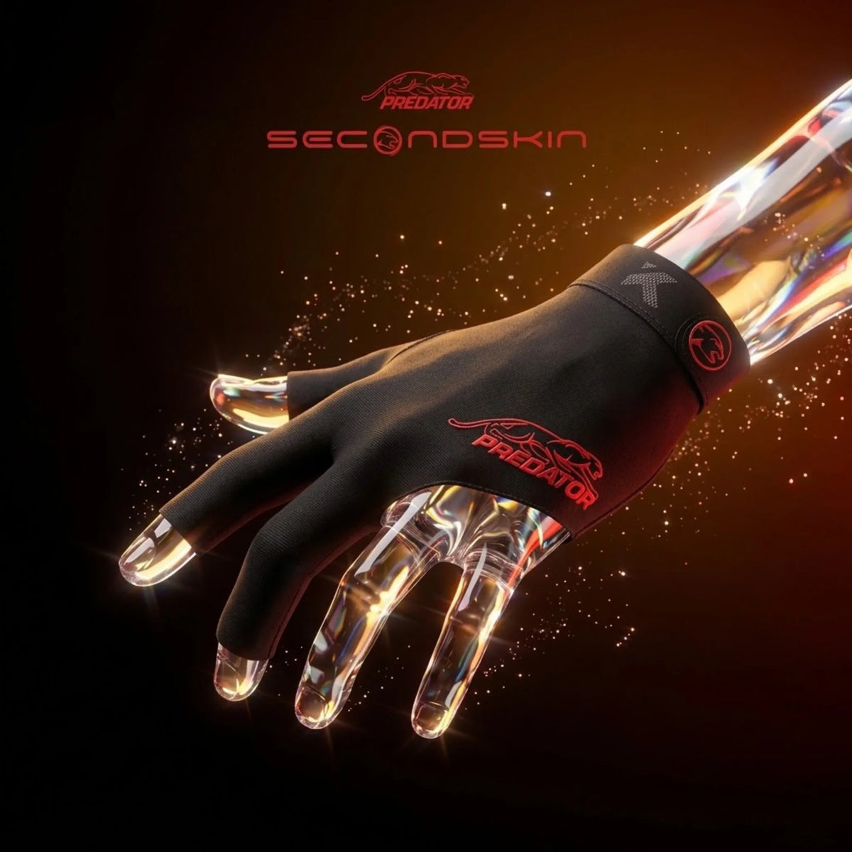 Luva de bilhar Predator Second Skin Kristina Tkach preta e vermelha com logótipos Predator e Kristina Tkach