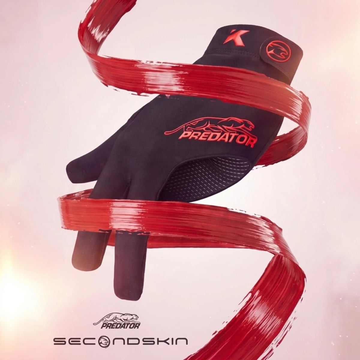 Luva de bilhar Predator Second Skin Kristina Tkach preta e vermelha com logótipos Predator e Kristina Tkach
